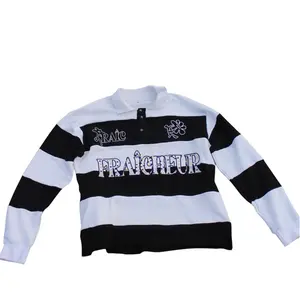 Fraîcheur 'Zebra' Rugby Stripe Long Sleeve Polo Embroidered Soft French Terry Cotton