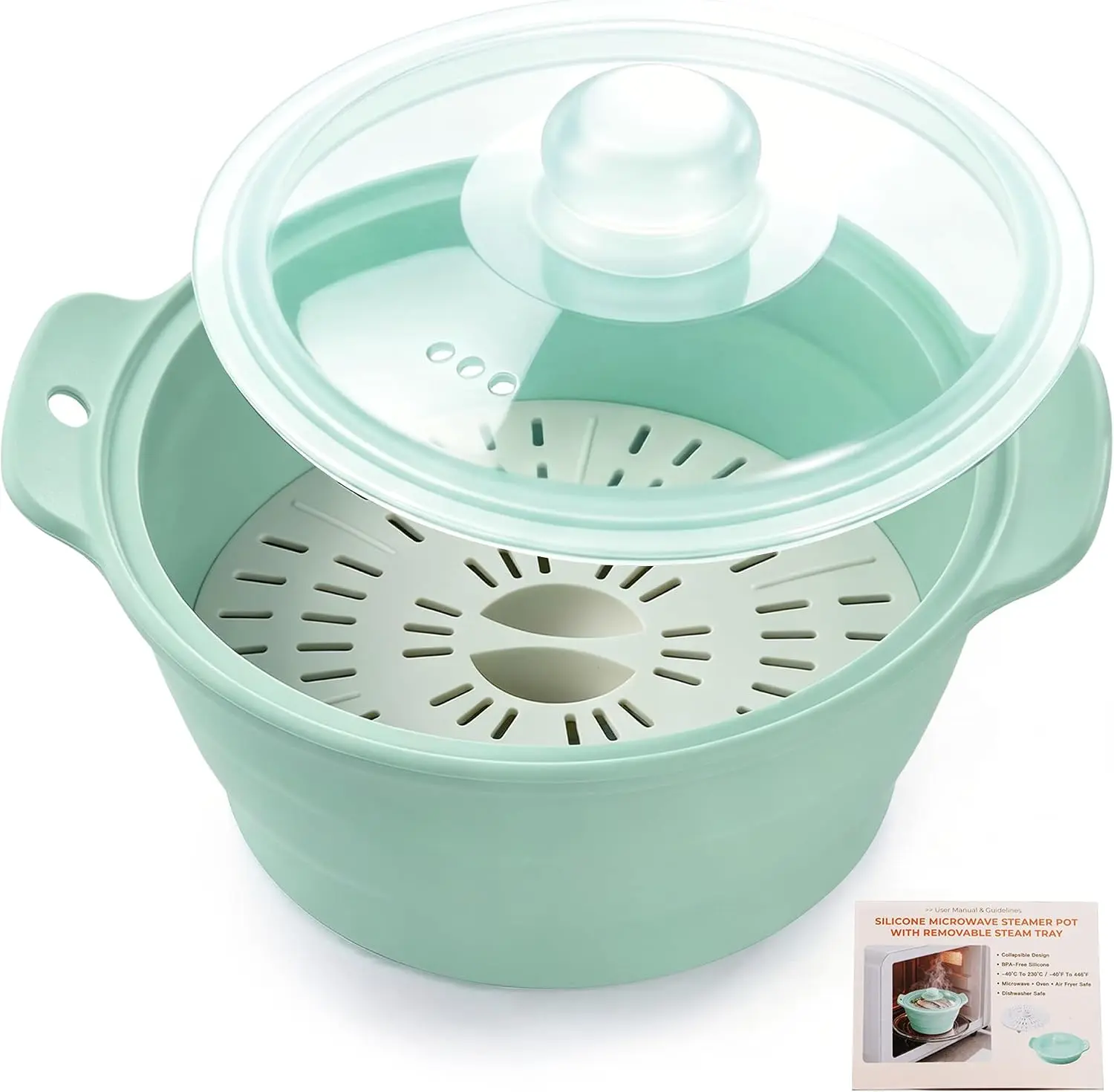 Collapsible Silicone Microwave Vegetable Steamer with Removable Steam Rack,  42oz BPA-Free Silicone Steamer for Cooking Fresh & Frozen Vegetables Dumplings Buns Prep Meal, Dishwasher Safe