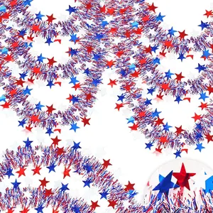 50FT 4th of July Patriotic Tinsel Garland Decorations, Red White and Blue Tinsel with Star Metallic Glitter Hanging Garland for Memorial Day 4th of July Independence Day Indoor Outdoor Decor