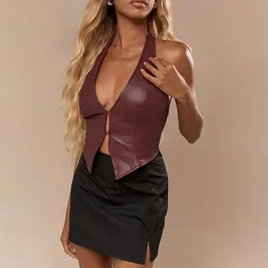 Combhasaki Women Aesthetic Leather Vest Crop Halter Deep V-Neck Tops Summer Solid Color Metal Buckle Backless Sleeveless Shirts