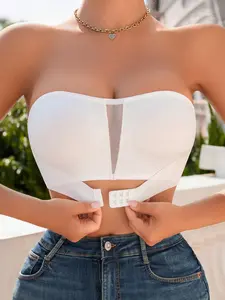 Women's Solid Contrast Mesh Nylon Wireless Bandeau Bra, Comfortable Breathable Buckle Front Lingerie for Daily Wear, Ladies Underwear for All Seasons