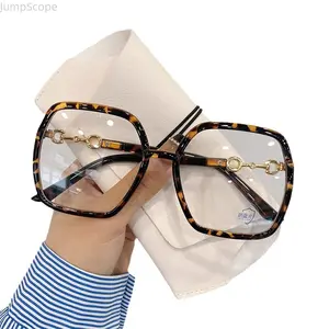 Female Square-Lens Blue Light Blocking Eyeglasses - Oversized Anti-Eye Strain Computer Glasses with Gold Chain Detail, No Sports Eyewear Accessory for Daily Use
