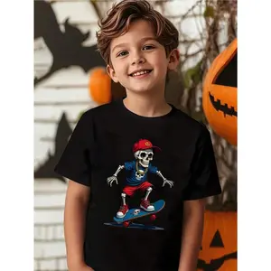 1pc Boys' Halloween Skeleton Skateboard Graphic T-Shirt - Short Sleeve Cartoon Tee with Red & Skate Design, Casual Round Neck Top for Kids 3-13 Years, All-Season Fit for Skate Parties & Casual Attire