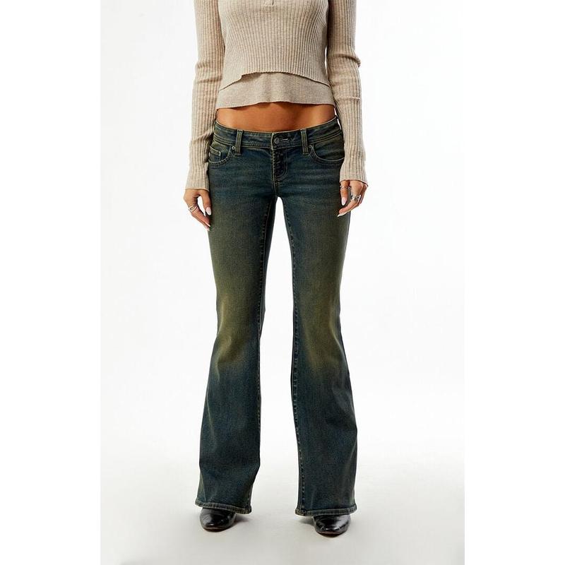 Pacsun Women's Alana Ultra Low Rise Flare Jeans Tinted Dark Blue