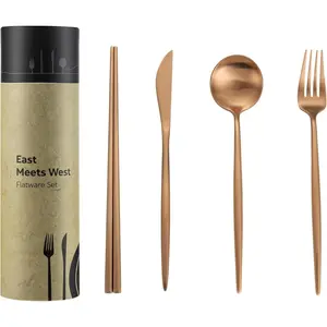 Matte Copper Flatwqare Set Korean Chopsticks - 16-  Kitchen Utensil Set Stainless Steel Silverware - Modern Dinnerware Spoon Fork  Cutlery Housewarming  Box (Matte Copper, 4 Sets)