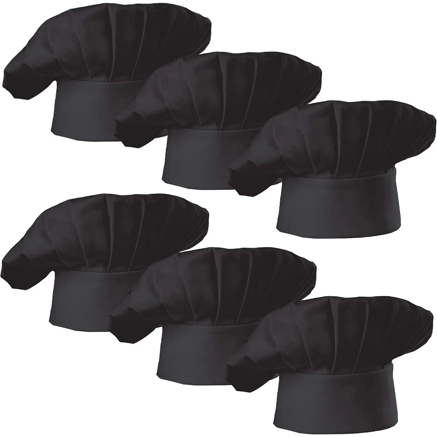Chef Hat Set of 6 count Pack Adult Adjustable Elastic Baker Kitchen Cooking Chef Cap (Black)