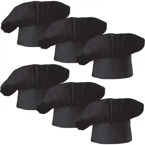 Chef Hat Set of 6 count Pack Adult Adjustable Elastic Baker Kitchen Cooking Chef Cap (Black)