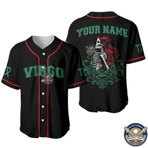 Custom Virgo Zodiac Baseball Jersey – Vintage Skeleton Shirt for Men, Breathable & Comfortable, Perfect for Halloween, Menswear Spooky Season and Personalized Men's Tops Streetwear Style vintage  halloween