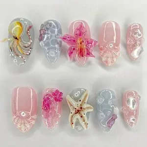 Chic Nail Studio Ocean Breeze Press-On Nails - Handmade 3D Starfish & Seashell Gel Nails, Custom Fit, Unique Designs, Beach Vacation Nails