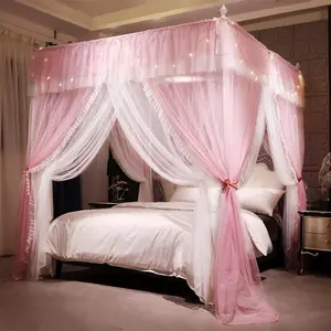 4 Corners Post Ruffle Princess Bed Canopy Curtain Double Layer Cozy Drape Netting 4 Opening Mosquito Net for Girls Adults Bedroom Decoration (Pink/Whtie, 53" W*78" L*82"H (Full))