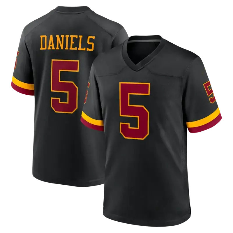 Football Jersey For Men - #5 Daniels Angular Retro Block Typography Print Solid Black Body Gold Burgundy Accent, Short Sleeve Gameday Apparel