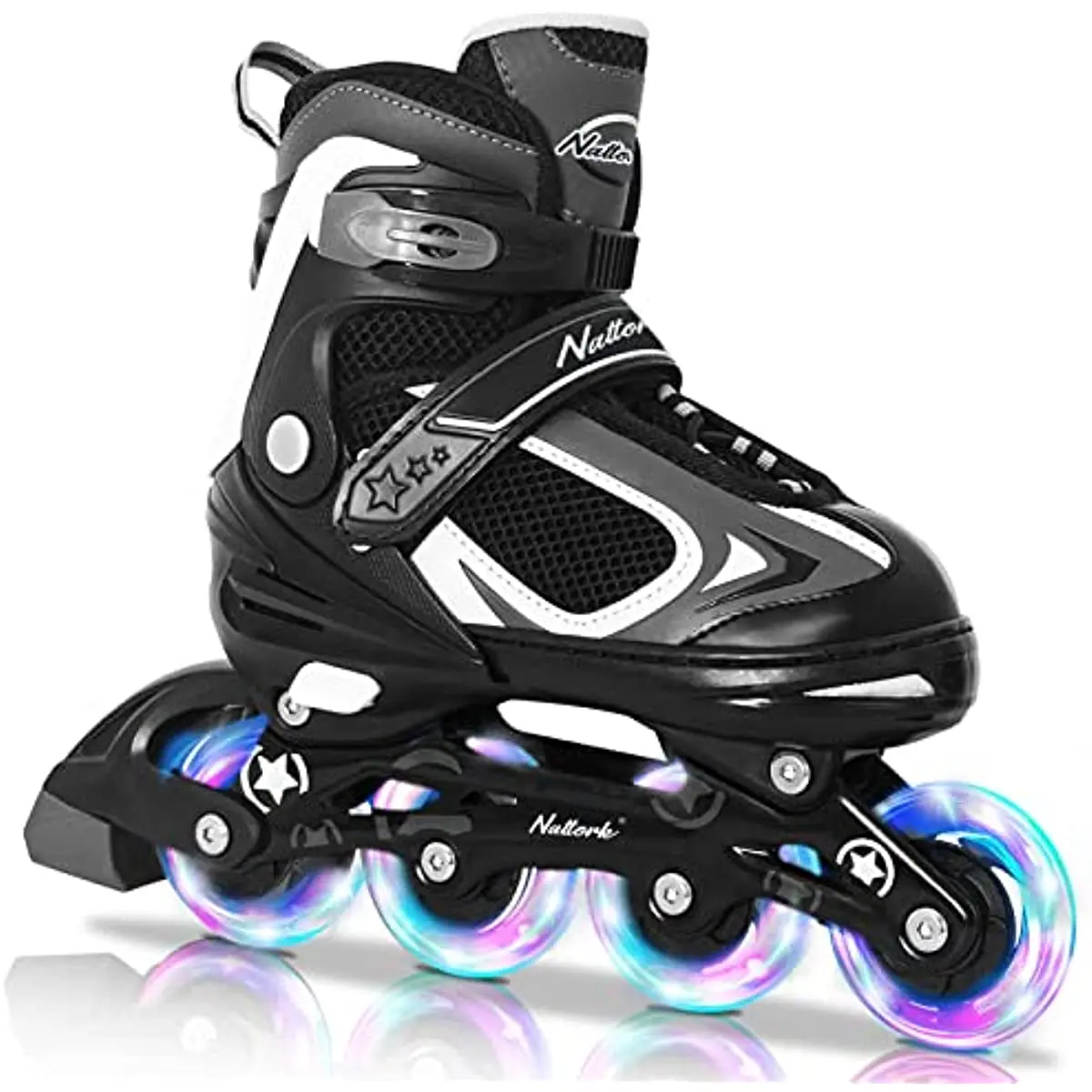Nattork Adjustable Kids' Inline Skates - Model 139 Black, Breathable Mesh, Light-up Wheels, High-top Support, 1-Push Size Change, Buckle, Ankle Protection, Smooth Glide, Skating Gear for Beginners, Indoor & Outdoor Sports, Size Variations, Roller Skating,