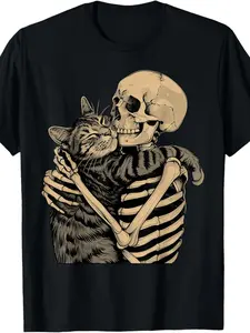 Men'S Skeleton Hugging Cat Graphic T-Shirt Cotton Crew Neck Tee, Casual Printed Top with Slight Stretch, Perfect for Cat Lovers, Ideal for Halloween, Christmas, Thanksgiving - Summer Knit Fabric Menswear Soft apparel Breathable Classic