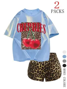 Women's Cherries Print Short Sleeve T-shirt & Leopard Print Shorts Two-piece Set, Casual Round Neck Tee & Skinny Shorts, Ladies Clothes for Daily Wear, Suits