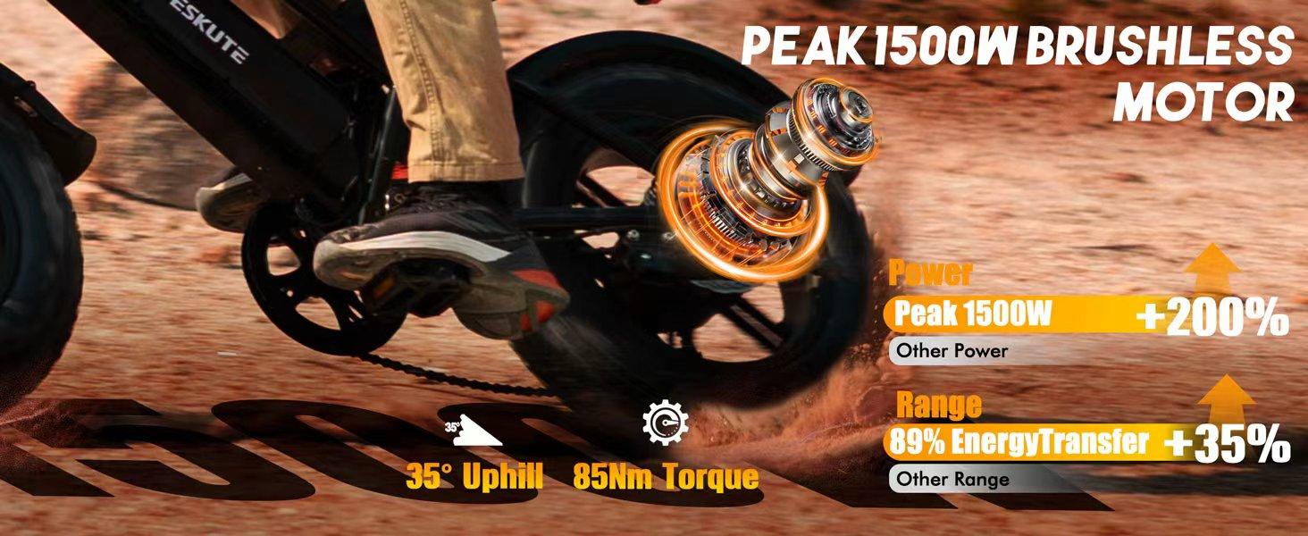 ESKUTE V100 Electric Bike 1500W Peak Power All Terrain Dual Suspension E Bike 28 MPH Top Speed 48V 13Ah Battery 60 Miles Range 16x4.0 Fat Tires LED Headlights