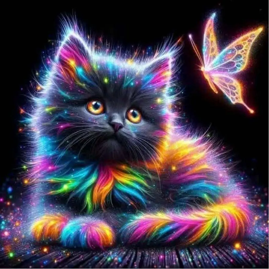 5D DIY Full Drill Round Diamond Painting - Diamond Art Kit, Handicraft, Colorful Cat, Dreamy Butterfly, Mosaic, Canvas - DIY Decorative Painting, Home Wall Decoration, Suitable for Halloween, Christmas, Birthdays, and Anniversaries Gifts