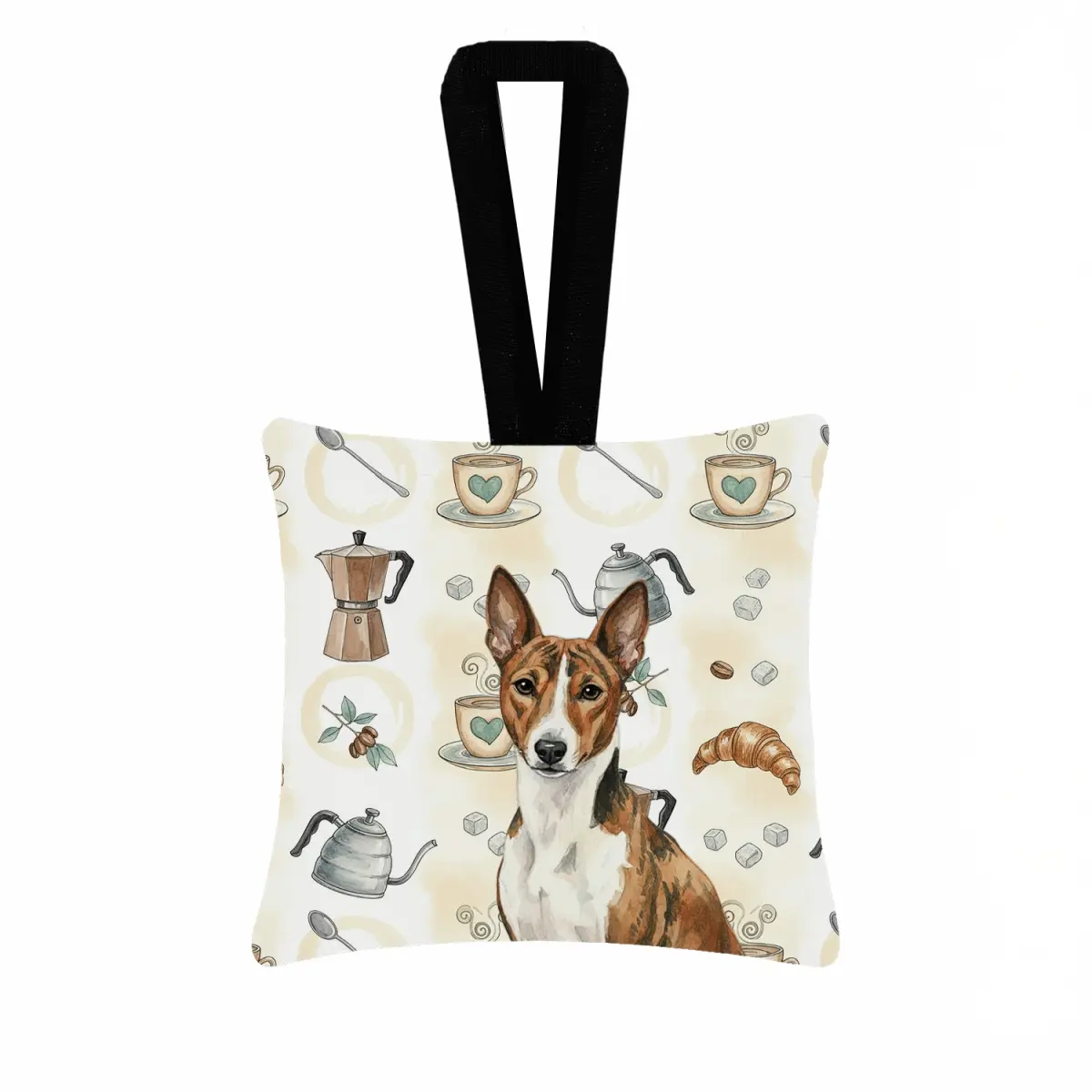 Carolines Treasures WDK7293PO3 Lightweight 3.5x3.5 in. Brindle & White Basenji Hanging Square Fabric Ornament, Tree-Kitchen Coffee Bar Decoration, Gift-Worthy Artwork