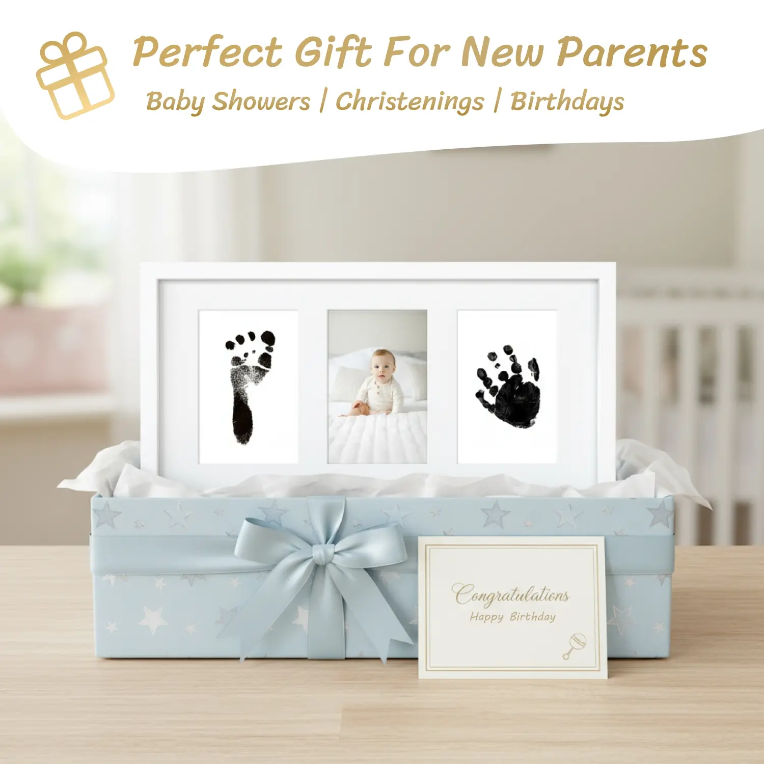 Baby Hand & Footprint Kit, 8x16-Inch Keepsake with Large Ink Pad, Durable Wood Frame, Safe Non-Toxic Ink, Neutral Newborn Infant Gift for Baby Shower or Cat and Dog Memorial