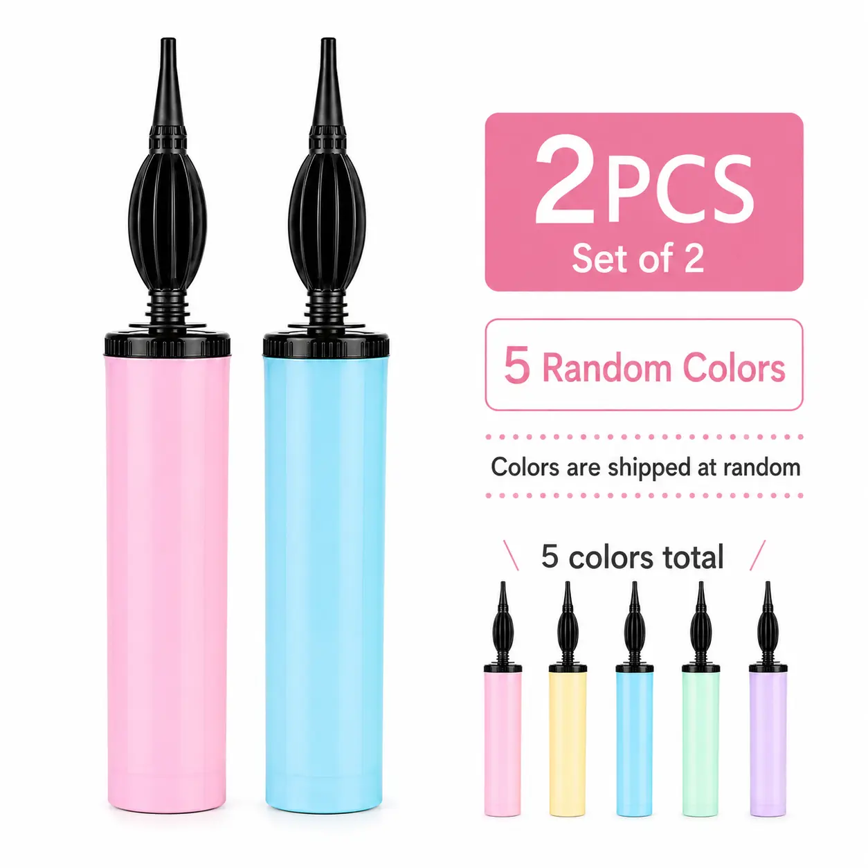 AsBalloon 2-Pack Balloon Hand Pump, Dual-Action Inflator for Balloons, Manual Balloon Pump for Party & Event Decorations, Random Colors