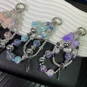 Leaf pendant butterfly Element Sparkling Beaded Phone Wrist Strap- Stylish Cellphone Lanyard Chain with Bracelet Design for Women, Fashionable Wristlet for Smartphones-SLT002