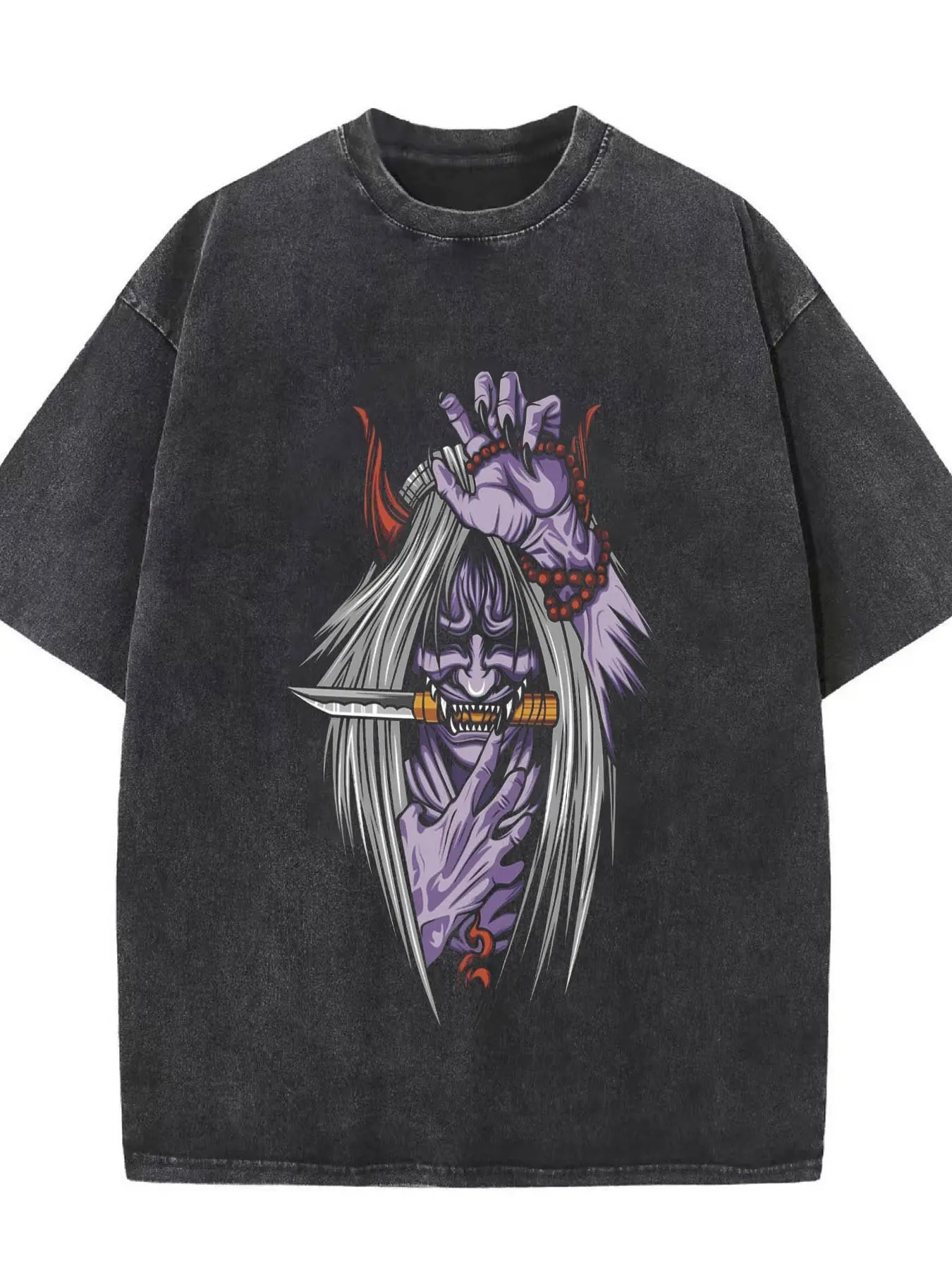 Men's 260g Heavyweight 100% Natural Fluffy Cotton Fabric T-Shirt - Baggy Oversized Round Neck, Vintage Acid Washed, Breathable, Japanese Hannya Oni Demon Graphic, Retro Goth Dark Harajuku Aesthetic for Anime Fans, Casual Streetwear, Tshirt, Fashion Appare