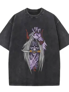 260g Heavyweight Vintage Washed Japanese Hannya Oni Demon Graphic T-Shirt, 100% Cotton Breathable & Moisture-Wicking Acid Washed Tee, Gothic Dark Harajuku Streetwear Oversized Casual Top for Men Women Japanese Anime Fans