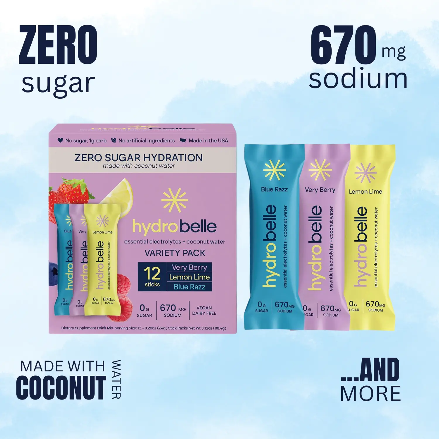 HydroBelle Electrolyte Sticks - 0 Sugar Coconut Water Powder with Magnesium, Vegan, Keto-Friendly, Edible Dietary Supplement for Fitness & Daily Wellness, Energy Focus & Daily Nutrition Support, Daily Nutrition Supplement