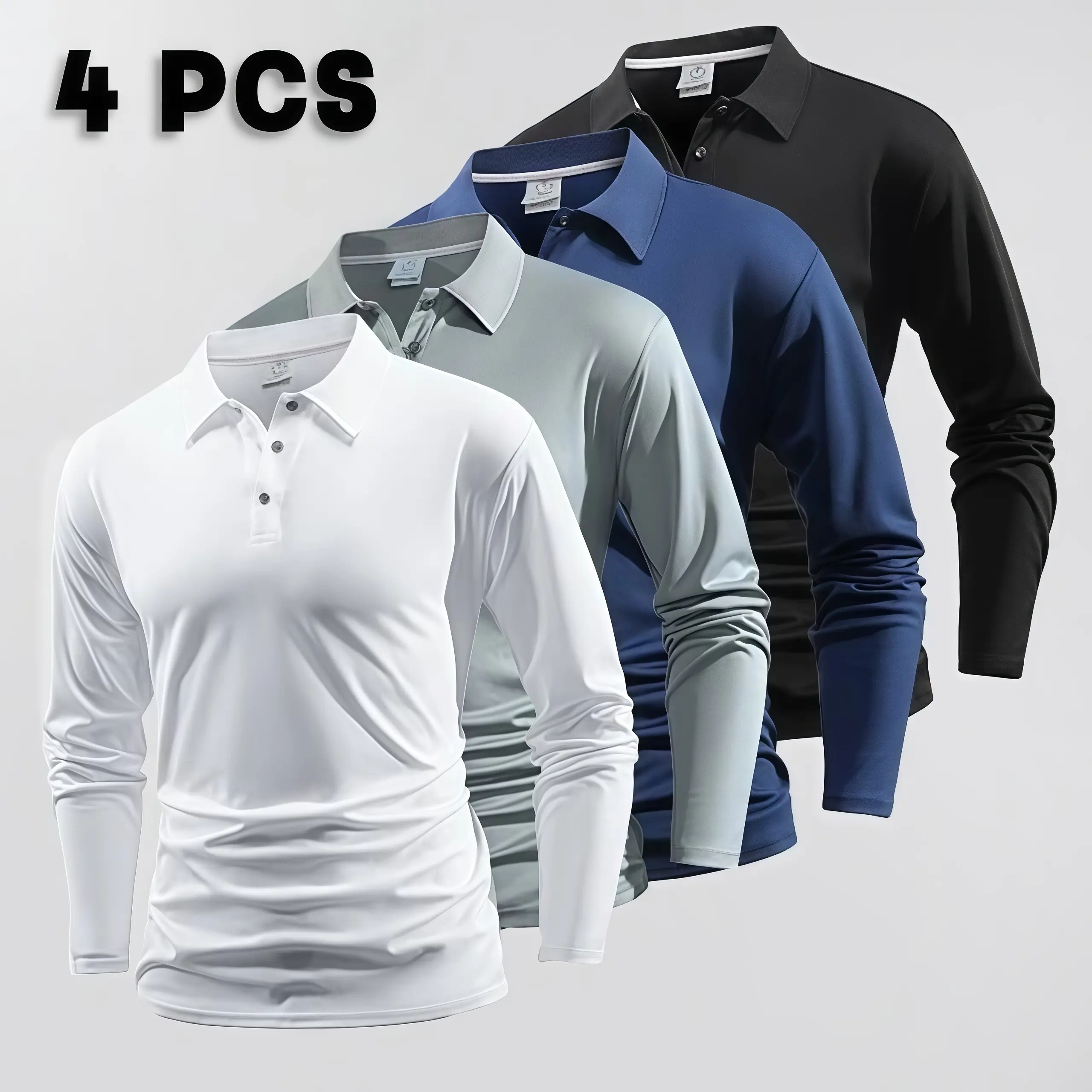 Men's Classic Ribbed Fabric Lightweight Long-Sleeve Polo Shirt Set of 4 - Menswear Essential for Everyday, Casual, Office Wear, Soft, Slim Fit, Top, Polyester
