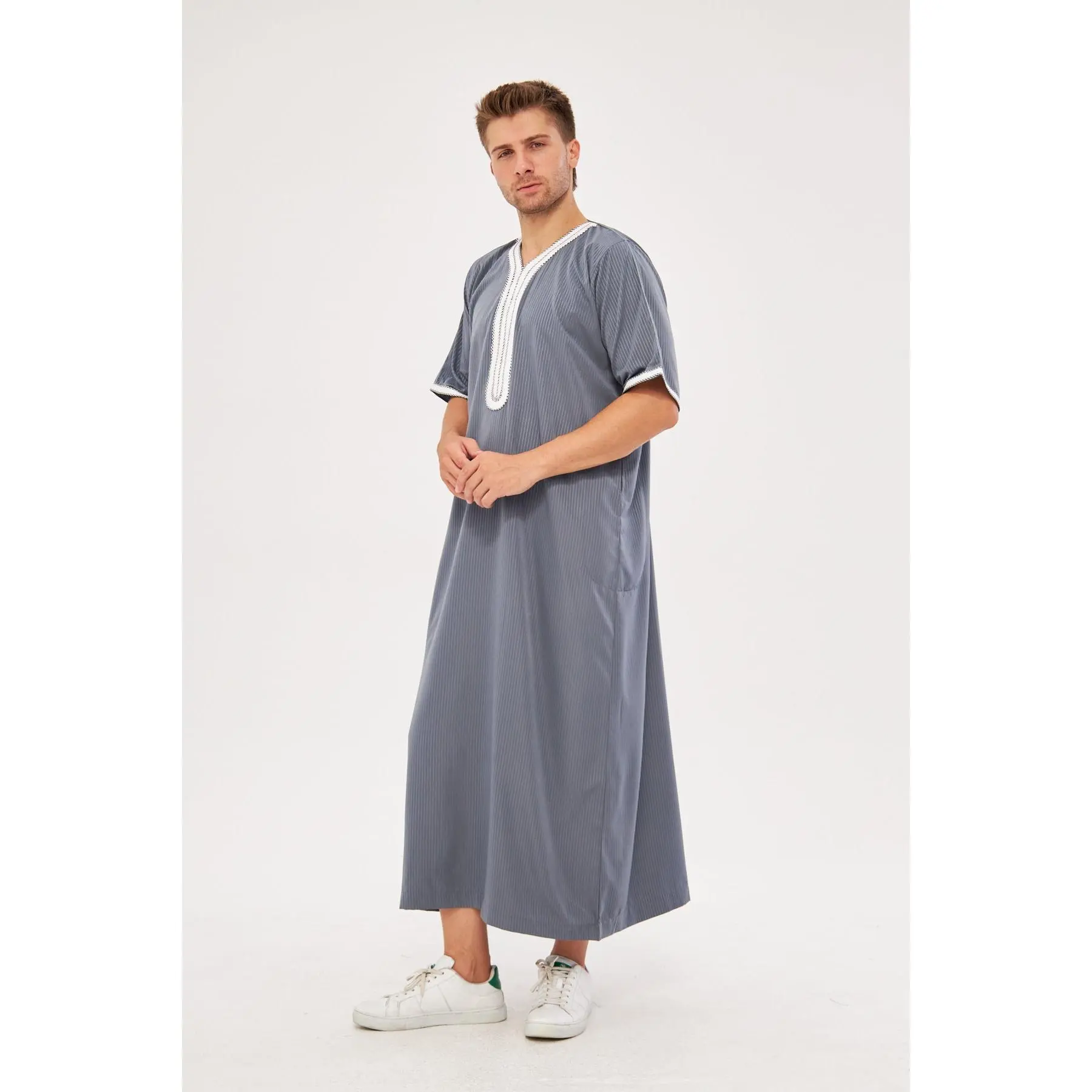 Moroccan Short Sleeve Thobe – Light Gray