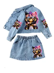 New Girl's Denim Jacket and Skirt Set, Cartoon Sweet Cool Print, Spring Summer Fall Travel Wear, Casual Fitted Style, Power Girl Outfit