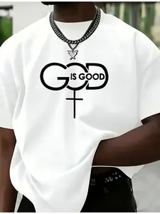 Men'S Plus Size Short Sleeve T-Shirt with Round Neck Featuring 'GOD IS GOOD' Print, Great for Home Use, Outings, Or As a Gift. Perfect for Occasions Like New Year, Valentine'S Day, Christmas, Birthdays, And Daily Wear