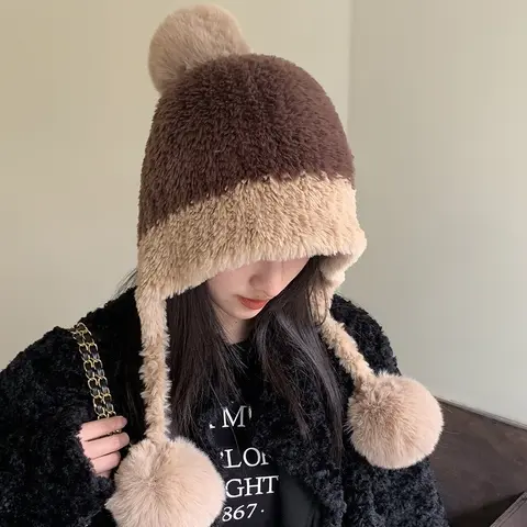 Fashion Windproof Knitted Plush Hat Cap Thick Cold Proof Beanie Warm Pompom Hat for Women Winter Fleece Lined Thermal Ski Mask Outdoor Activities One Size Fits Most Cozy Handcrafted - Fashionable