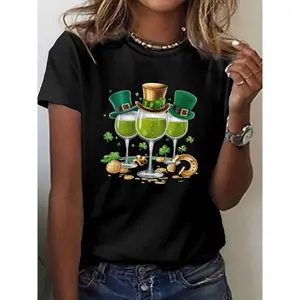 Women'S St. Patrick'S Day Patterned T-Shirt - Features Three Glasses with Leprechaun Hats, Clovers, And Coin Prints, Short-Sleeved Round Neck Casual Top, Breathable Stretchy Fabric, Machine Washable Spring And Summer T-Shirt, Wine-Themed Apparel