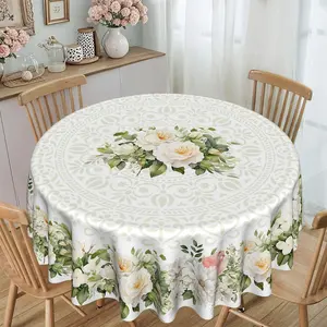 2D Flat Floral Print Round Tablecloth, Furniture Protector, Party Decor, Holiday Gift, Suitable for Hotel, Restaurant, Home