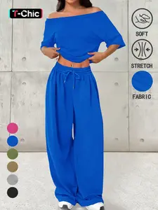 Women's Casual Solid Color Set, One Shoulder Design, Loose Knit Short Top Long Pants, Fashionable Comfortable Wear, Spring & Fall, Outfit, Womenswear