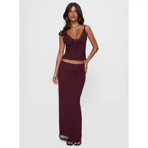 Reiko Lace Trim Tie Front Maxi Set Burgundy