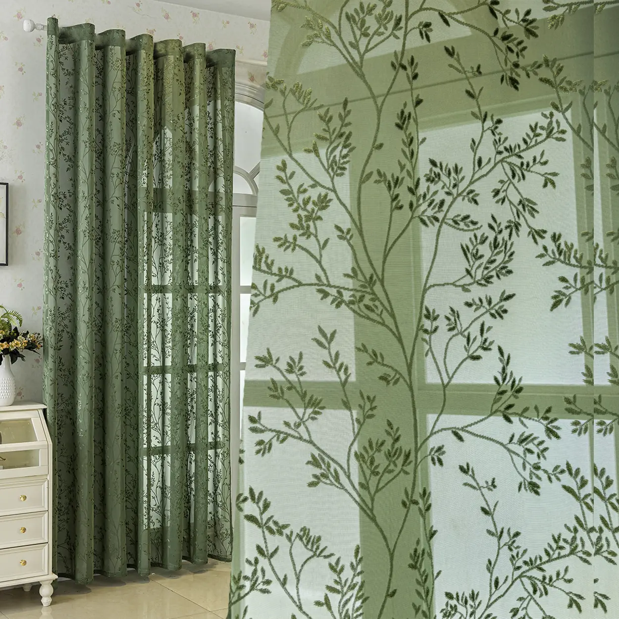 1panel Nordic Light Retro Branch Embroidered Sheer Home Decoration Curtain for Summer, Top Grommet Hanging, Perfect for Living Room, Bedroom, Balcony, Kitchen Decor