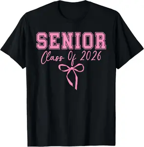 100% Cotton Coquette Senior 2026 Class Of 2026 Pink Bow Graduation 2026 T-Shirt