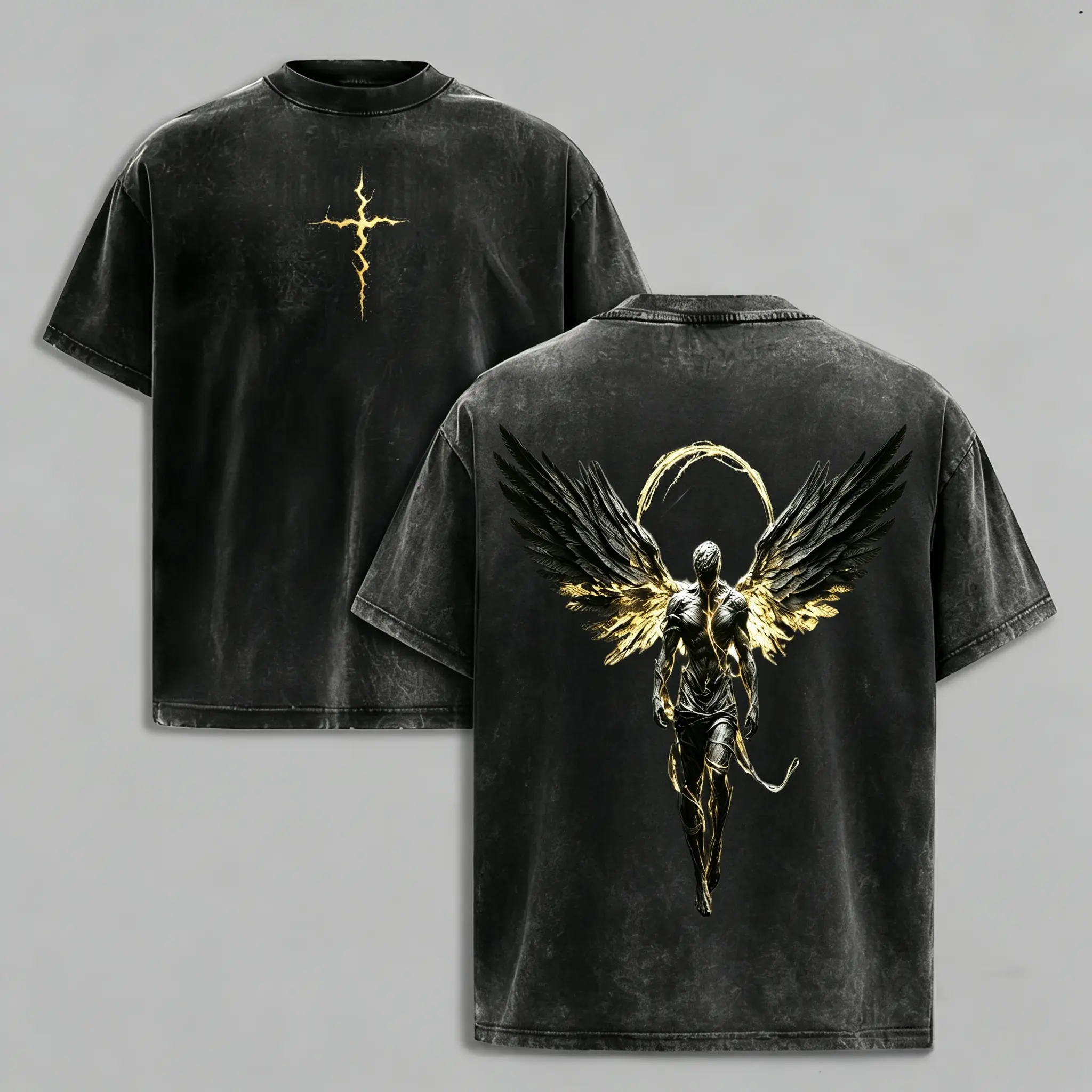 Fallen Angel Gold Accent Vintage Washed Oversized Tee  Unleash your dark, divine style with this striking fallen angel graphic tee, blending gritty streetwear and ethereal energy.funny graphic tee,  deals, 90s, streetwear,boyfriend, good graphic, Casual M