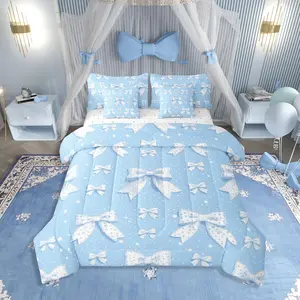 Feelyou 7-Piece Kawaii Bedding Set - Cute Bowknot & Simple Polka Dot Prints, Blue White Bedroom Bedding, Decorative Bedsheet Set for Kids, Bedroom Bedding Set, Bedsheet Sets