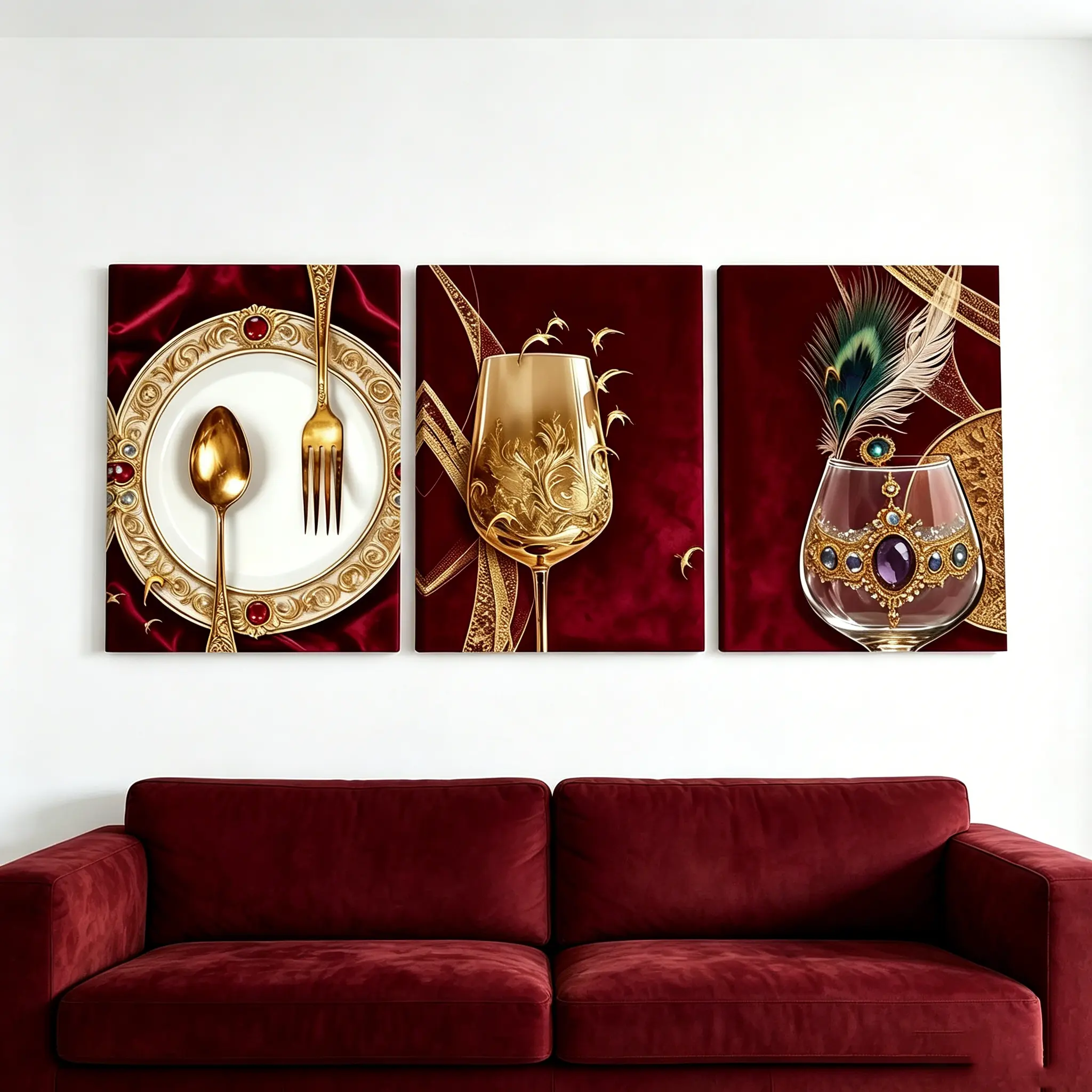 3-Piece Artistic Red Gold Tableware Canvas Wall Art with Solid Wood Frame, Waterproof HD-Printed Feather Goblet Plate Utensil Painting, Luxury Vintage Kitchen Dining Room Decor
