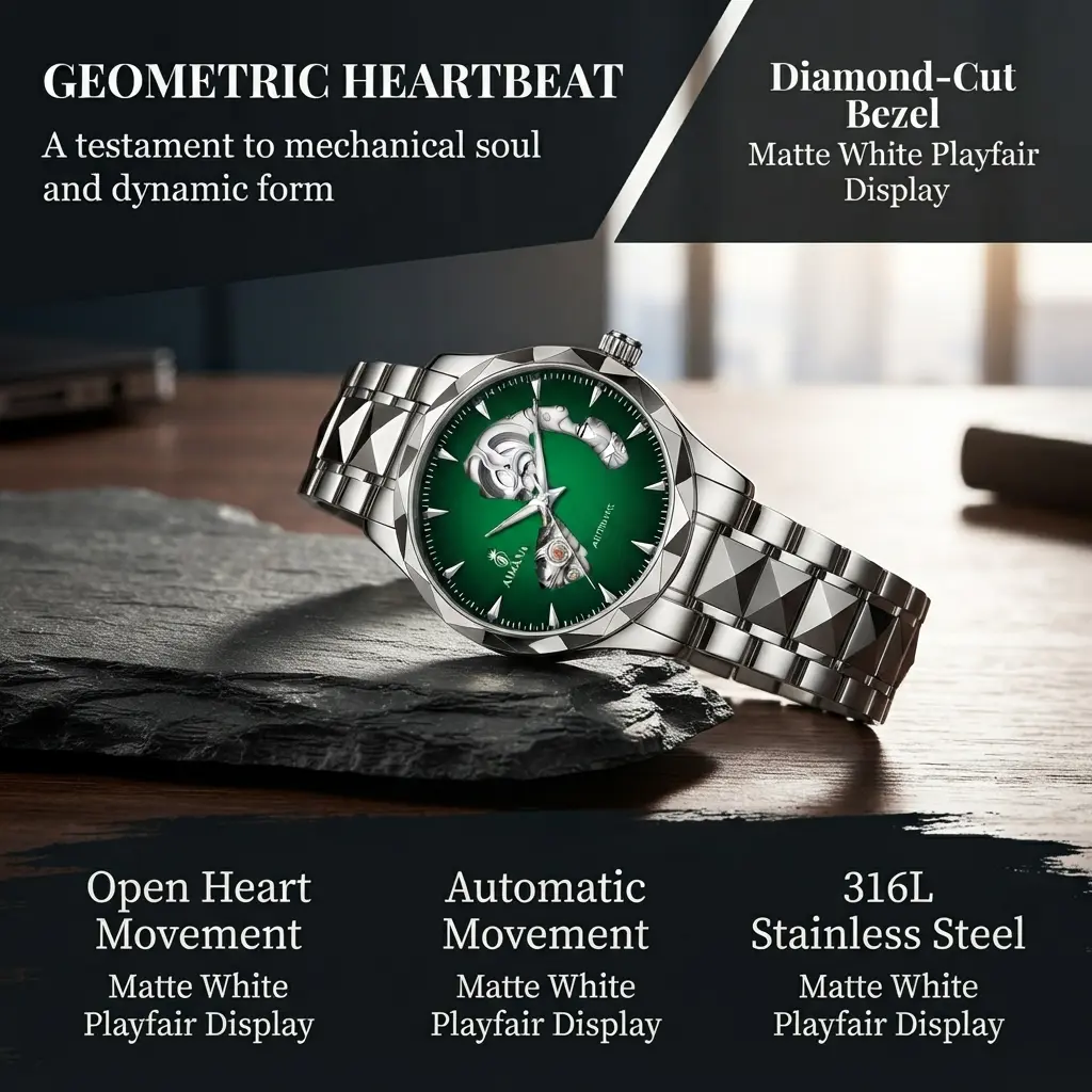 AIMANA men's skeleton automatic mechanical watch with a green dial and steel strap, perfect for stylish, mechanically-minded business guys and watch enthusiasts, suitable for office work, social gatherings, and holiday gifts.