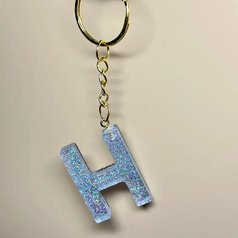 Single Letter Resin Keychain H Glittery Blue Keyring for Keys and Bags