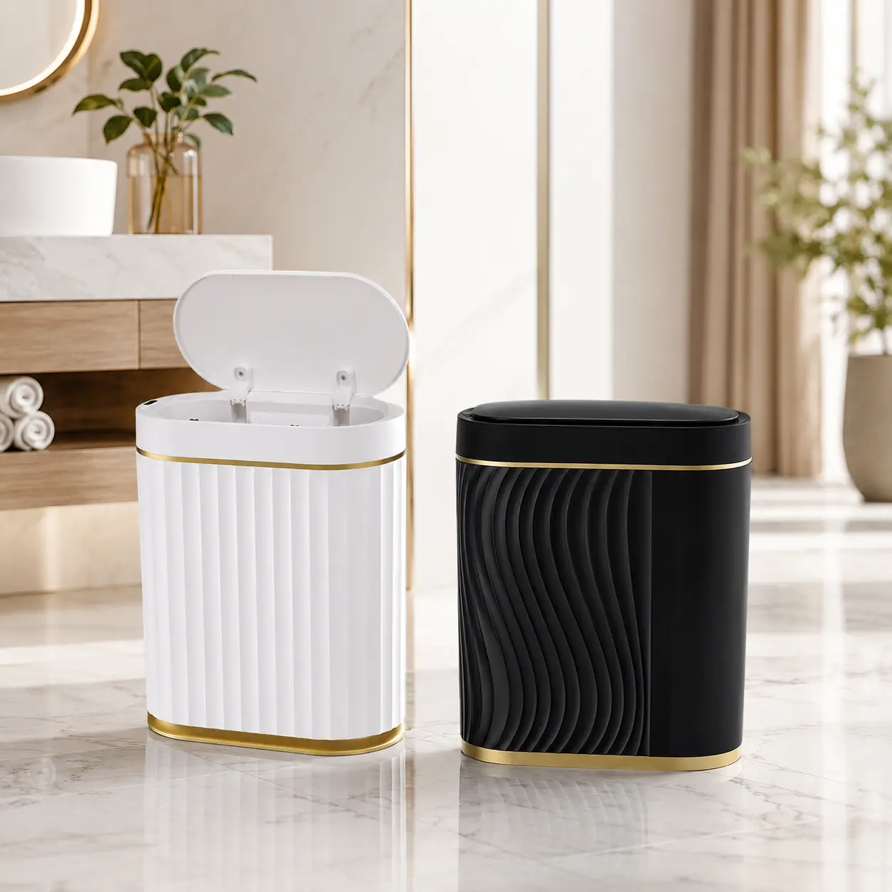 Motion Sensor Trash Can with Lid, Slim Automatic Bathroom Garbage Bin, Touchless Smart Waste Bin, Compact Hands-Free Trash Can for Kitchen, Bathroom, Bedroom & Office