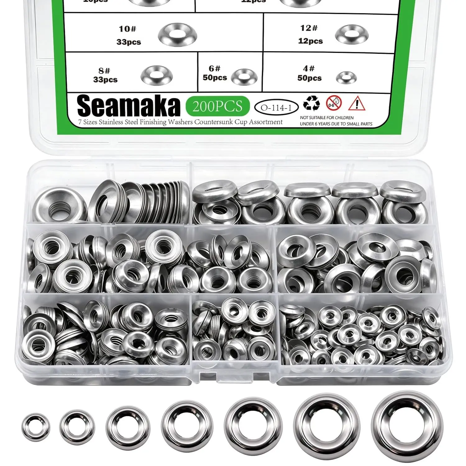 200 Pcs Silver Finish Washers 7 Sizes 304 Stainless Steel Finishing Washers Countersunk Cup Assortment-#4#6#8#10#12#14#16