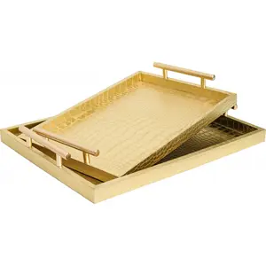 Set of 2 Modern Elegant Large Wood Serving Tray, Rectangle Decorative Tray Ottoman Tay Coffee Table Tray, Gold Crocodile Leather with Gold Polished Metal Handles