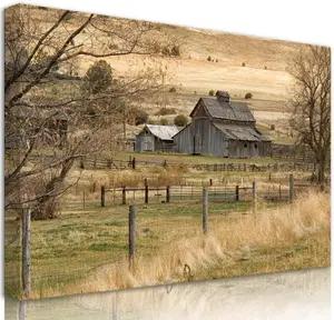 Rustic Farmhouse Barn Canvas Wall Art – Vintage Country Field Landscape for Bedroom, Living Room, and Bathroom Decor