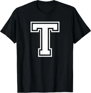 Menswear 100% Cotton Unisex Natural Short-Sleeve Round Neck Fashion T-Shirt with Letter, Name Initial, Varsity Alphabet Monogram