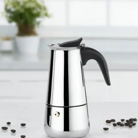 4-Cup Stainless Steel Cylindrical Stovetop Espresso Machine - 200ml Portable Coffee Maker, Heat-Safe Ergonomic Handle, Detachable Parts, Kitchen Appliance for Home/Camping Coffee Making Tools, Stovetop Heating for Latte/Cappuccino (No Machine Needed)