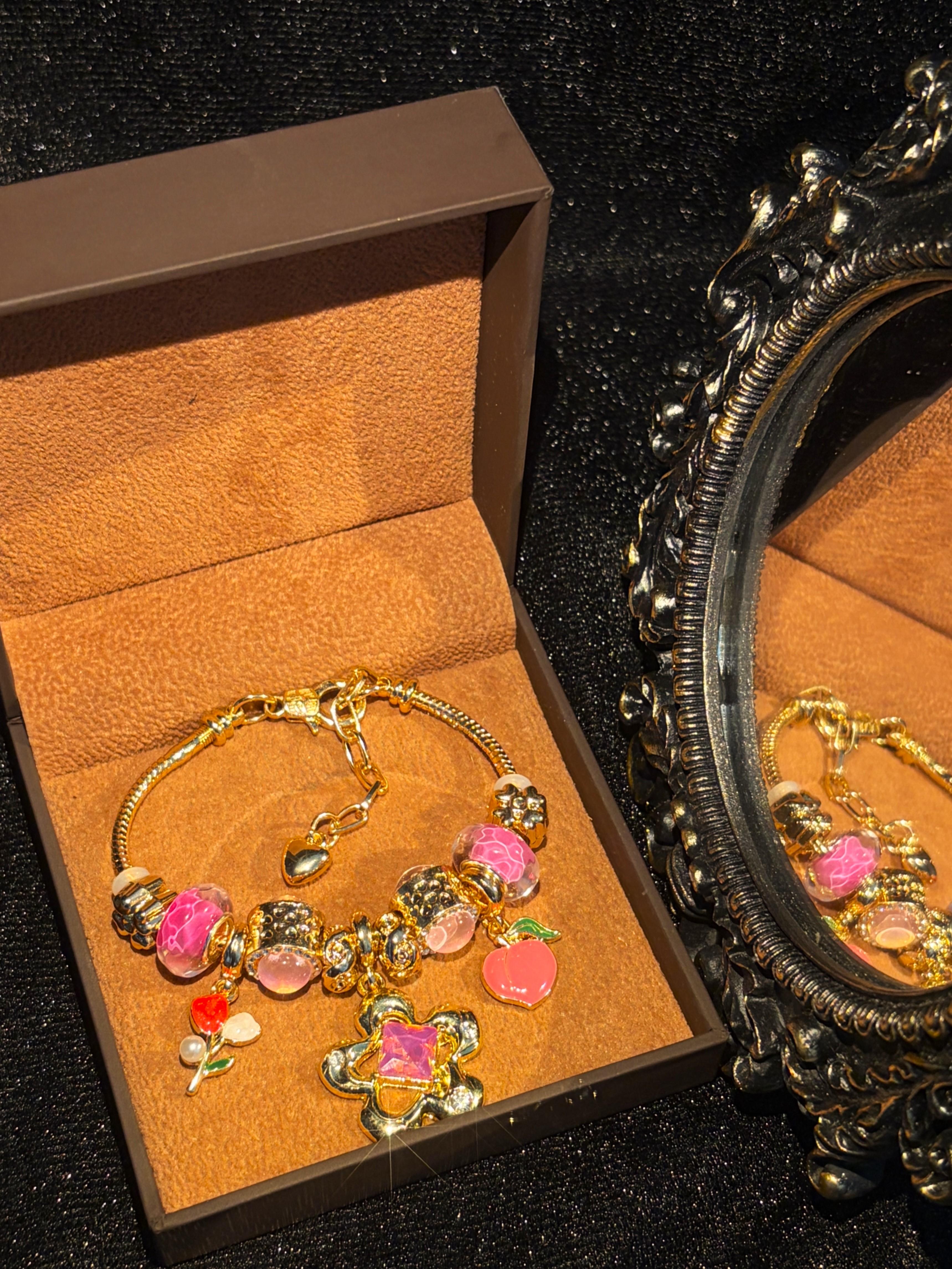 Gold-Tone Snake Chain Charm Bracelet with Clover, Peach Flower & Murano Glass Beads - Stackable Costume Jewelry Gift for Women Gold-Tone Snake Chain Charm Bracelet with Clover, Peach Flower & Murano Glass Beads - Stackable Costume Jewelry Gift for Women